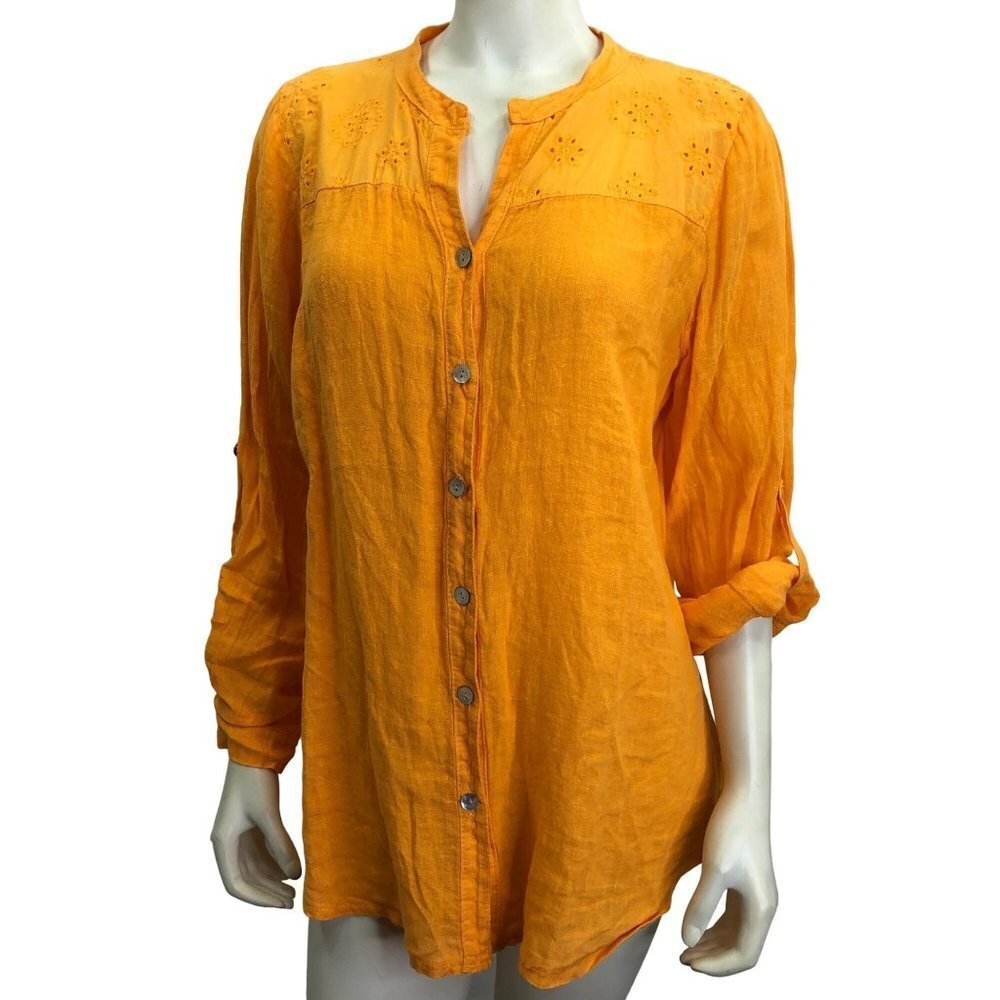 M MADE‎ IN ITALY WOVEN ROLL TAB SLEEVE LINEN TOP MD NEW WITH TAG